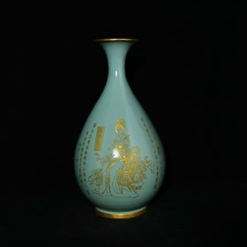 宋汝窑刻字描金题诗仕女纹包口玉壶春瓶,高43.8×25厘米