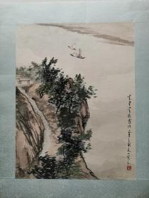 老山水画《江上乘雾行》有款不认，郑文博老画家旧藏