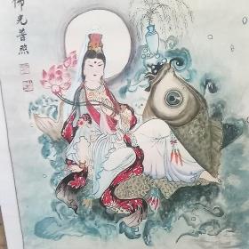 名家画观音！精品，笔法高超画出海水的感觉！画心60*50厘米。包纯手绘，下杆破损