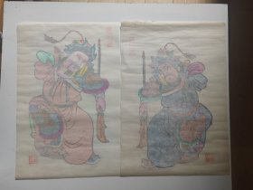 绵竹年画大师陈兴才木版套印手工上色年画一对 有印章 包老保真 见实物更是色彩鲜艳，人物形象栩栩如生，爱不释手！