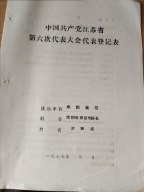 淮阴地委宣传部长王积成1977年江苏省党的六大代表登记表