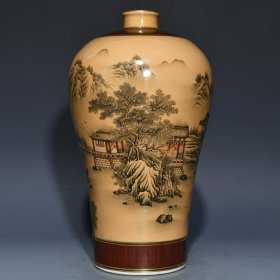 木纹釉墨彩山水人物纹梅瓶，高32.5cm直径18.5cm