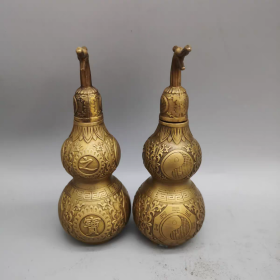 纯黄铜福禄寿喜财葫芦瓶一对