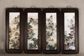 红木包铜皮框镶粉彩山水瓷板画挂屏一组《山川秀色》