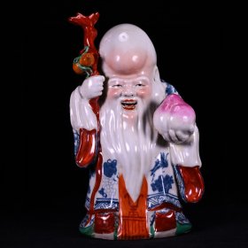 清晚期青花加彩五福捧寿花卉纹塑像老寿星