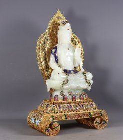 旧藏花丝鎏金镶嵌和田玉佛像一尊