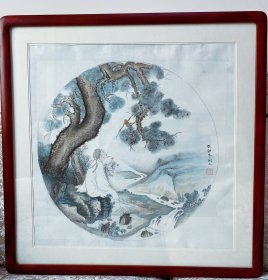 山水人物画，高士观景图，工笔画，工笔画要经过三矾九染，费工费时，中国书协当代书画名家协会会员杨顺文老师的真人真迹纯手绘作品，假一赔万，支持第三方鉴定，老师的松树和人物画的非常细，惟妙惟肖，整个构图非常大气，漂亮。尺寸为60x60公分的斗方画，家里客厅，卧室，玄关，茶室，书房都可悬挂。宣纸软片已经托心了，回家可以直接装框了。