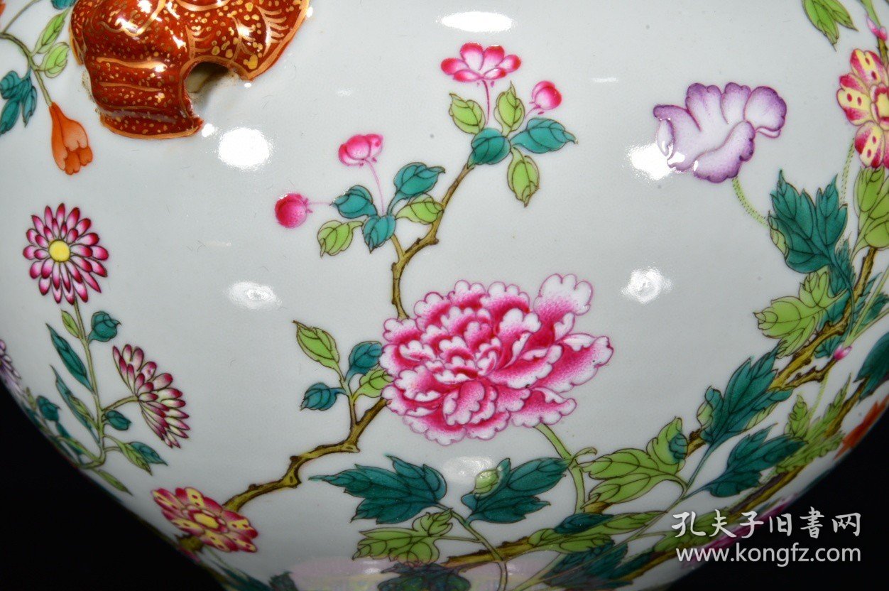 瓷器 清乾隆粉彩花卉纹虎头瓶 20*20厘米