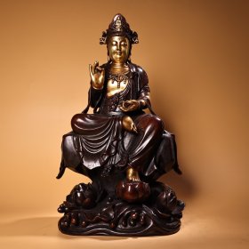 珍品旧藏收纯铜紫铜高浮雕錾刻雕花鎏金自在观音菩萨佛像一尊 工艺精湛 造像精美