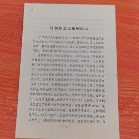 原中国青年出版社副社长王修文旧藏：王顺桐同志悼词——深切悼念王顺桐同志（实物拍图，外品如图，可详询，售后不退）