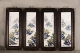 红木包铜皮框镶粉彩山水瓷板画挂屏一组《江南秀色》1