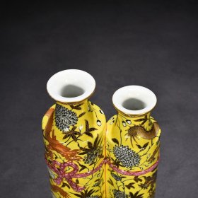 清光绪永庆长春大雅斋黄地墨彩描金龙纹双连瓶 20.5*14厘米