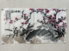 【保真专场】浙派老画家：汪雨人《红梅占春》，59.5*32.5厘米