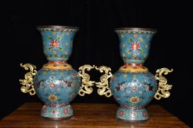纯铜景泰蓝掐丝双耳仙鹤花瓶摆件  尺寸：长33厘米 宽18.5厘米 高39厘米 重12.5斤