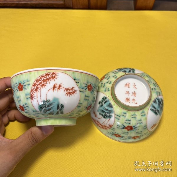 手绘开窗竹子节节高升碗