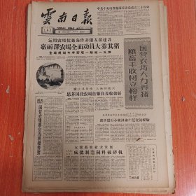 云南日报1960年1月6日（4开四版） 全国汽车运输获大面积丰收。 建设凯歌。 解放军一年来立下丰功伟绩。 嘉丽泽农场全面动员大养其猪。 云南光学仪器厂大多数工人突破定额。 大姚顺水开沟扩灌三十万亩。 吉花公社为水利配套。