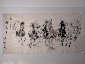 袁熙坤六尺整纸《群马图》一幅，真假自辨，买家自鉴。纸本画心，尺寸：97*196