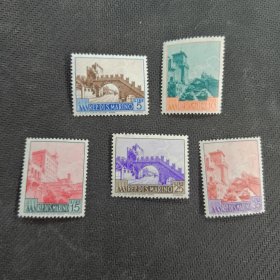 SAN102圣马力诺邮票 1955年 旅游风光城堡建筑 新 5全 个别票有轻微软痕
