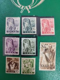 德国邮票 萨尔区 1947年普通邮票 8枚混