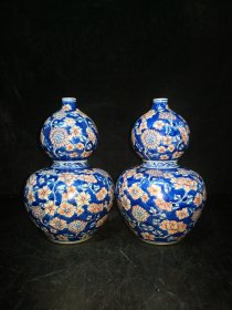 清～青花釉里红万花葫芦花瓶一对，尺寸如图