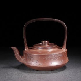 紫砂壶 品名：玉壁提梁（高温窑变） 底款：乐陶居 尺寸：16/14cm 容量：500cc 紫砂分类：原矿底槽清 底款介绍：民国初年紫砂行业一个商号