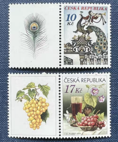 CZECH32捷克共和国2005年问候邮票 漫画 骑手和孔雀装饰的铸铁门 水果葡萄酒喇叭花 新 2全+附票 外国邮票