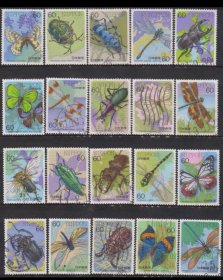 日本邮票1986年昆虫1-5集大全C1084-C1103信销20枚全雕刻版蝴蝶，外送4枚小型张上的票！共计24枚！