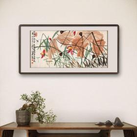 艺术微喷齐白石 荷花蜻蜓85x185厘米镜框 茶室书房挂画
