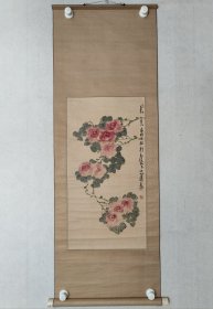 韩国画家，李英植1970年作品《长春——月季》63*32.5cm，原装裱立轴。