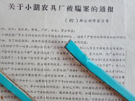 1967年7月11日新沂市公安局通报批评小湖公社农具厂会计张文亭、厂负责人郑××警惕性不高，政治意识淡薄，被一个并不高明的诈骗分子骗去现金600元，给集体财产造成巨大损失的典型案例。要求各单位提高革命警惕，增强法制观念和防范意识，杜绝类似事件再次发生（铅印，16开1页；顶端印有《最高指示》）