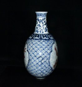 旧藏 明代永乐青花釉里红龙纹扁瓶一对【45×34×23cm】