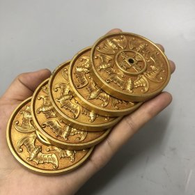 铜鎏金 五帝钱 直径7厘米五个厚度4厘米