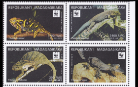 马达加斯加1999年 世界野生动物基金会 WWF 马岛特有变色龙和壁虎 豹斑避役 小避役 平尾虎 斯氏残趾虎 4全新 少量错版票（平尾虎拉丁文错误，与小避役印为相同名字，后发现收回重印）