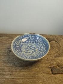 清代豆青，青花小碟，有磕冲