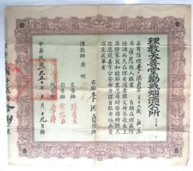 烟酒板块：1950年《理教天善堂劝诫烟酒公所会员证书》，品相看图 备