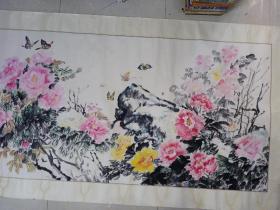 大幅手绘画（花开富贵）朱云何画，画心166 x 83