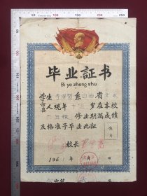 1961年山西文水县南武乡中心小学校，带毛主席头像毕业证书，背附毕业成绩表，尺寸品相如图，150包邮。