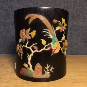 紫檀百宝镶嵌花鸟纹笔筒
