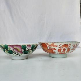 清代寿字花卉矾红瓷碗60年代初粉彩瓷碗标本瓷片茶碗收藏碗