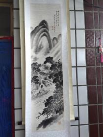 漂亮清代四尺对开水墨山水画一幅，风雨归舟图，题字，山色空蒙雨脚飞，一篙新涨鮆鱼祀36*133CM