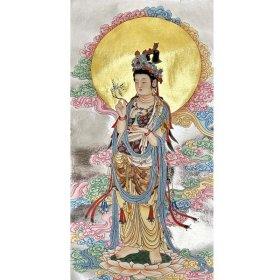 观世音菩萨手绘岩彩贴金佛像画