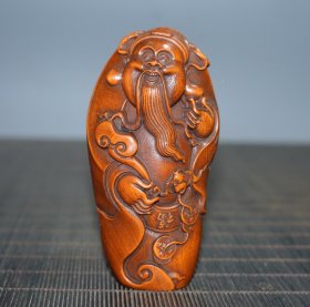 旧藏黄杨木财神手把件，长4cm，宽3cm，高8.5cm，重61g