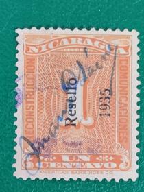 尼加拉瓜邮票 1935年数字邮票加盖 签字版 1枚销