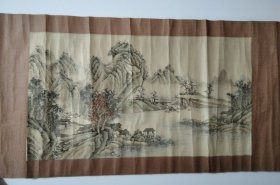 约七八十年代绢本山水横幅，画工细腻！