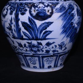 旧藏 元代青花唐太宗人物故事纹狗头罐一对 高39x38厘米