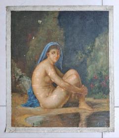 署名不详"李大x"人体艺术油画"坐在湖边的少女"6353