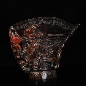 旧藏牛角雕刻兽纹螭龙酒杯摆件，长17厘米宽13.5厘米高13.5厘米，重628克