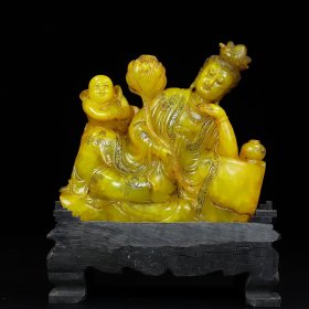 珍藏寿山石田黄雕刻自在观音佛像印章摆件，净长20厘米宽4.5厘米高19厘米，净重2753克，
