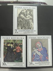 CZECH3捷克共和国1994年11月9日布拉格国家美术馆和维特大教堂的艺术品 馆藏绘画 老人和女人，红磨坊等 新 3全 雕刻版大票幅外国邮票