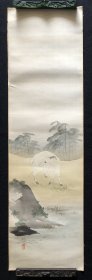 日本舶来 国画立轴 “生肖羊” 绢本托片 屏风剥落 款：梅湖 年代物